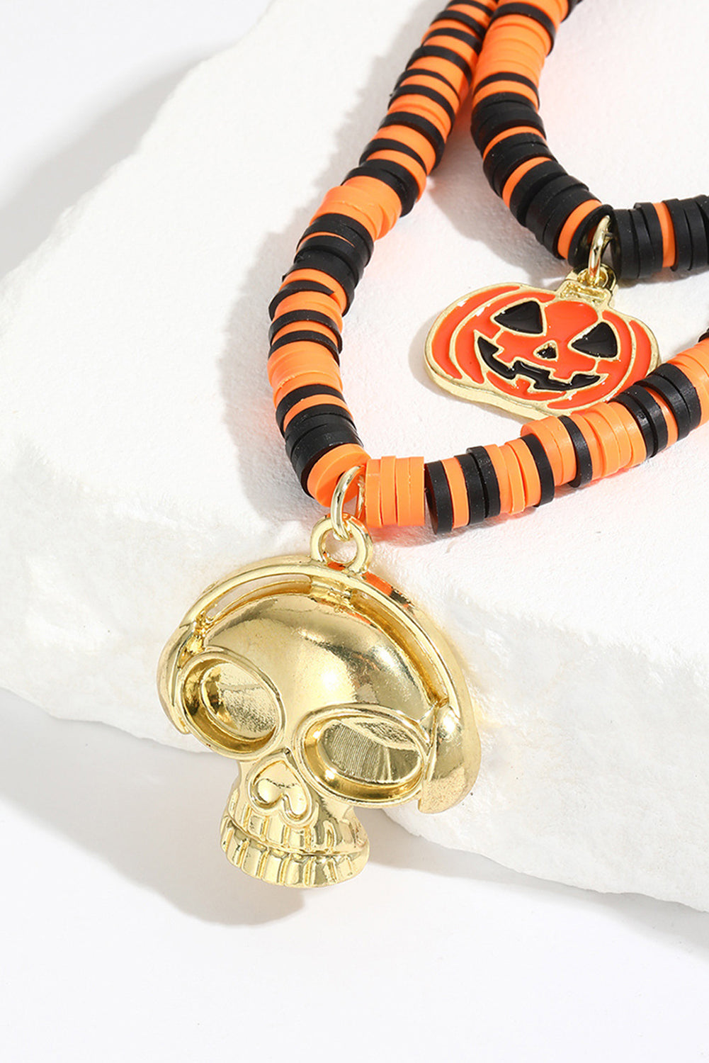 Skull Pumpkin Face Pendant Layered Beaded Halloween Necklace | Russet Orange