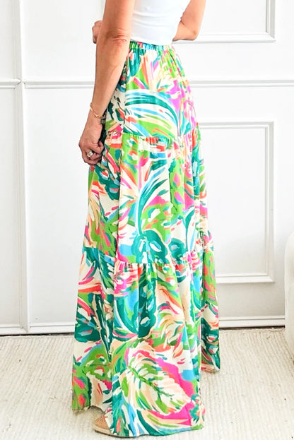 Abstract Printed High Waist Tiered Maxi Skirt | Green