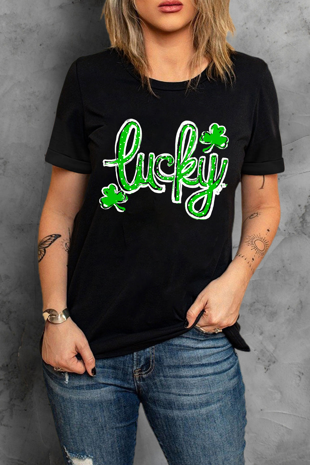 St. Patricks Lucky Clover Print O Neck T Shirt | Black