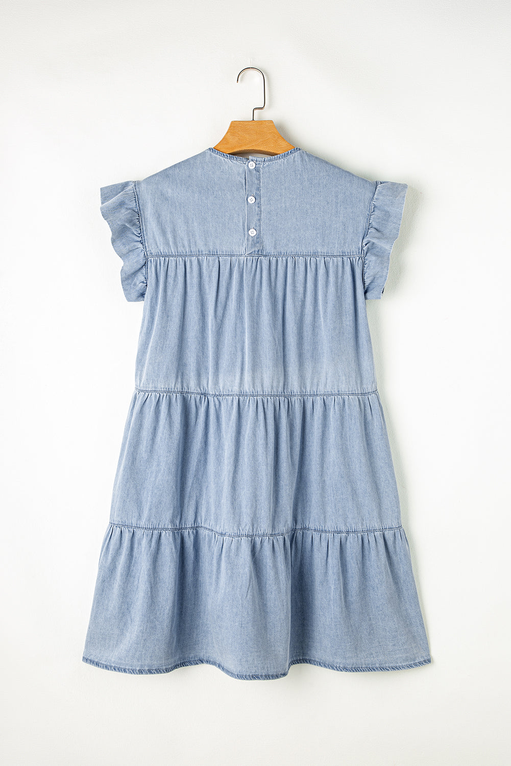 Ruffle Short Sleeve Tiered A-Line Denim Dress | Beau Blue