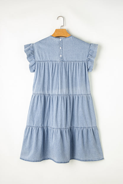 Ruffle Short Sleeve Tiered A-Line Denim Dress | Beau Blue