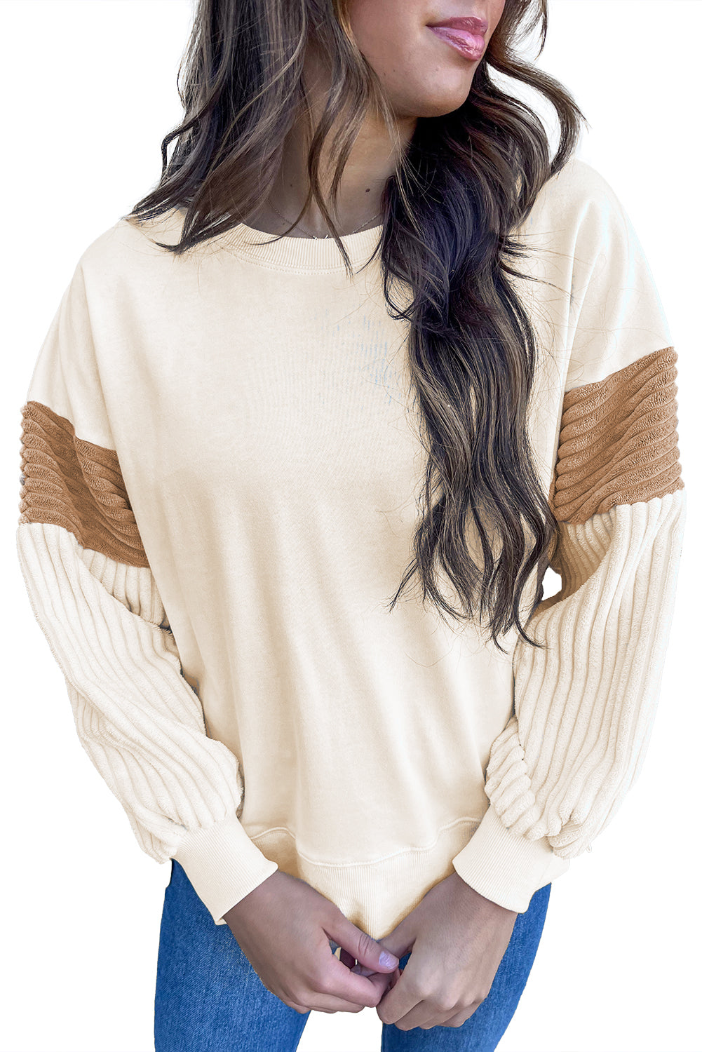 Corduroy Patchwork Drop Shoulder Long Sleeve Sweatshirt | Apricot