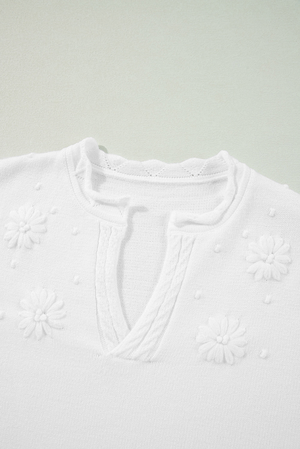 Flower Detail Knitted Notched Neck Sweater | White