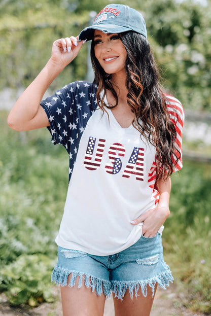 Usa Flag Sequin Patchwork Colour Bock T Shirt | White