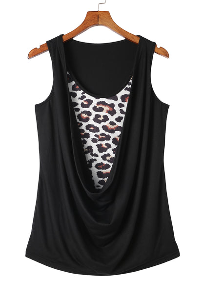 Leopard Ruched Fake Two-Piece Tank | Black