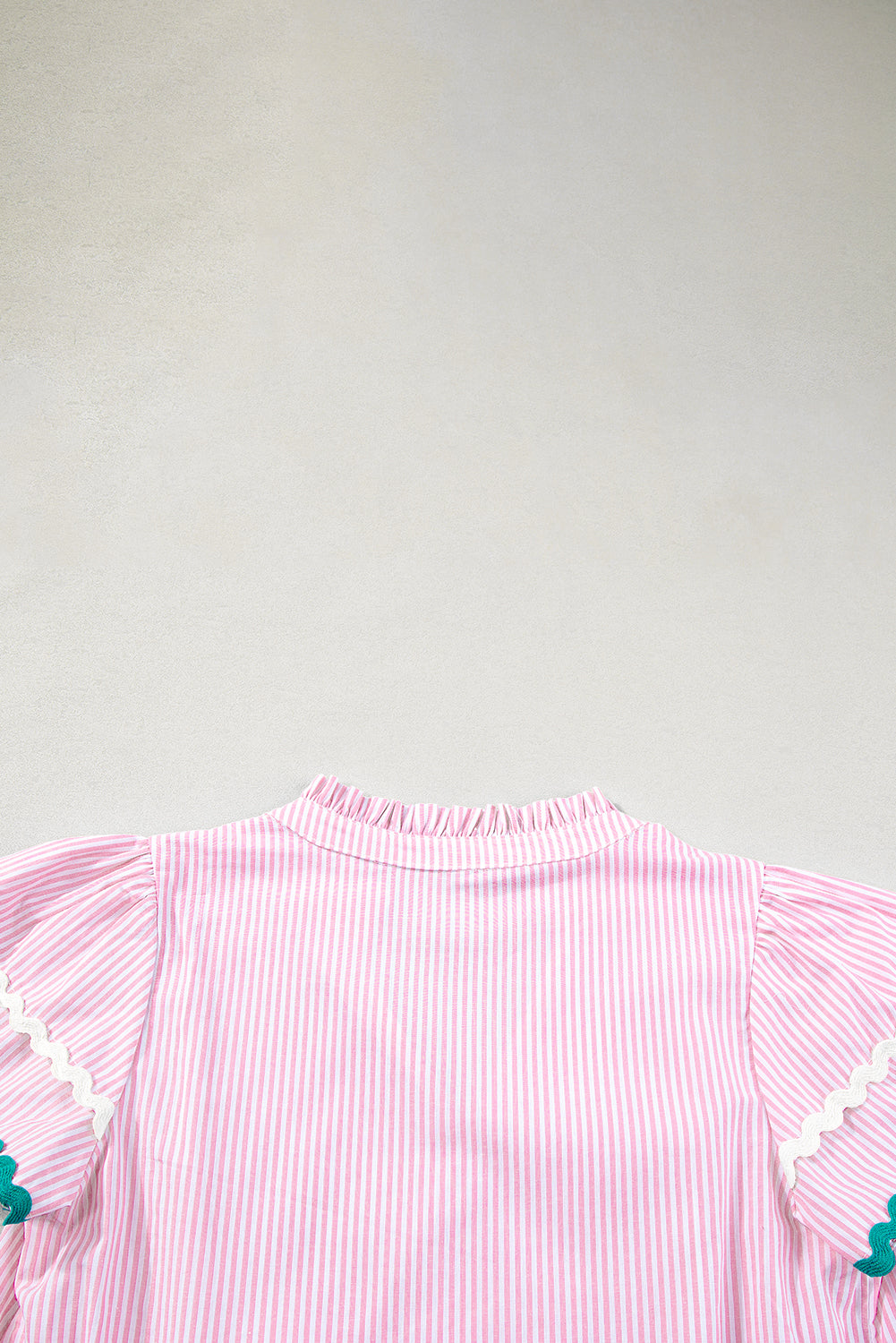 Ricrac Trim Split Neck Striped Ruffled Sleeve Blouse | Pink Stripe