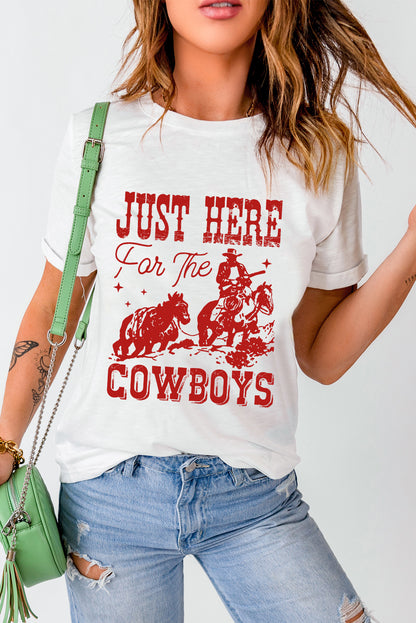 Just Here For The Cowboy Cuffed Sleeve Crew Neck T Shirt | White