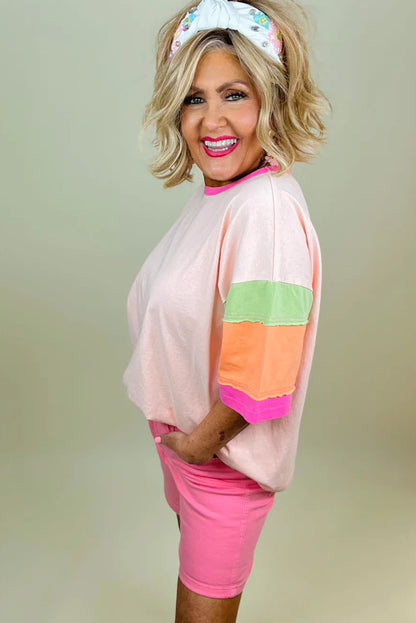 Colour Block Half Sleeve O Neck Plus Size T Shirt | Pink