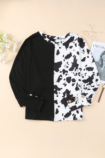 Cow Patchwork Waffle Knit Long Sleeve Top | Black