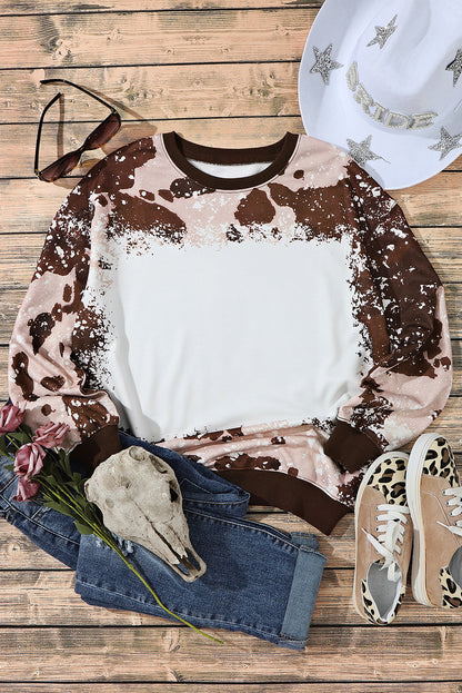 Bleached Tie Dye Leopard Print Long Sleeve Top | Brown