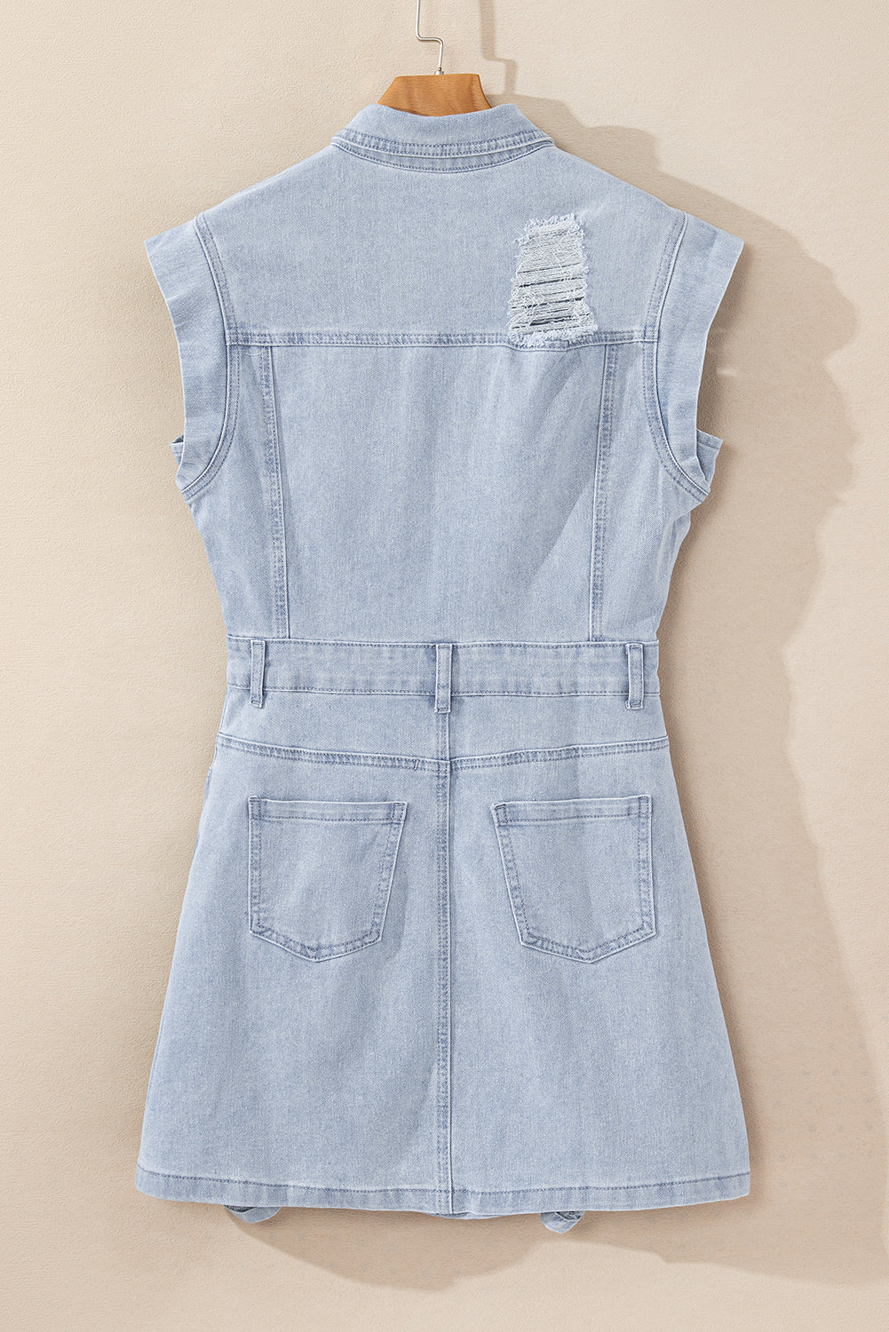 Acid Wash Flap Pockets Frayed Denim Dress | Light Blue