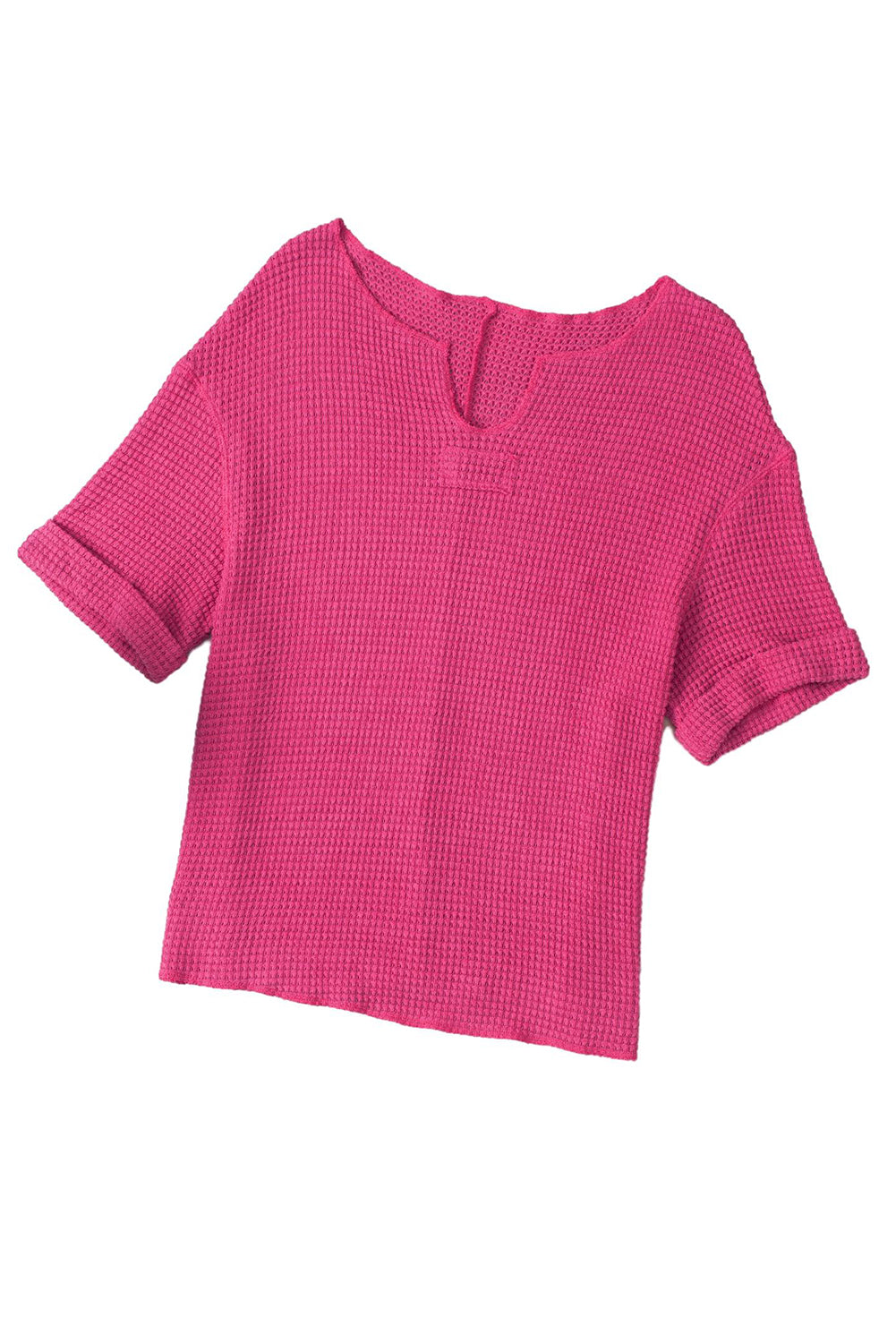 Textured Knit Split Neck Cuffed Short Sleeve Top | Strawberry Pink