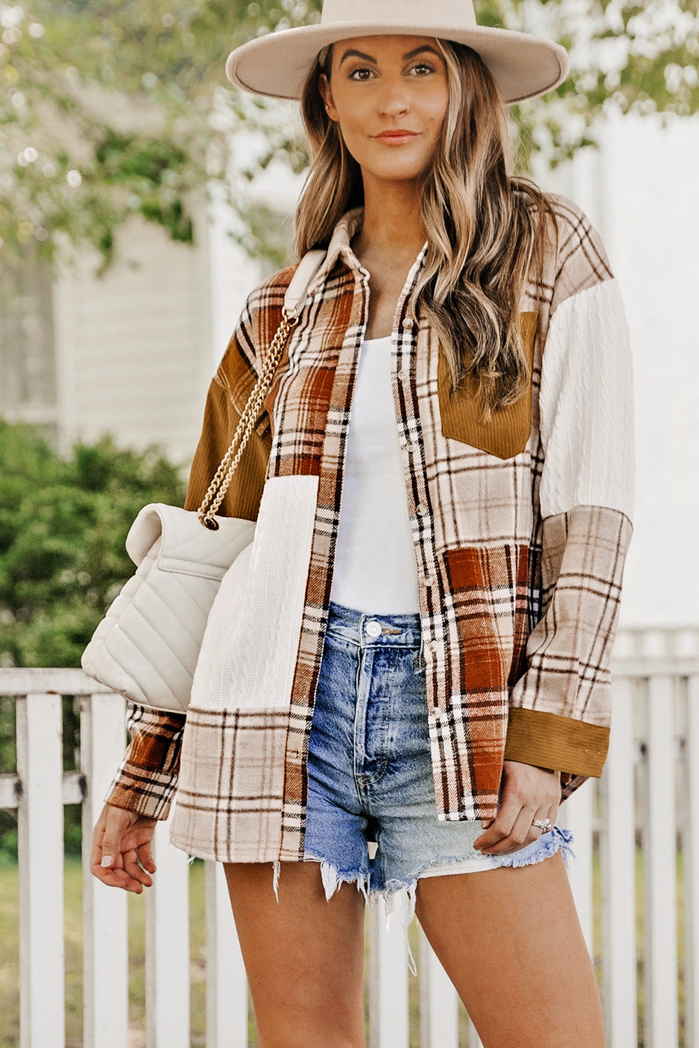 Plaid Colour Block Patchwork Shirt Jacket With Pocket | Orange