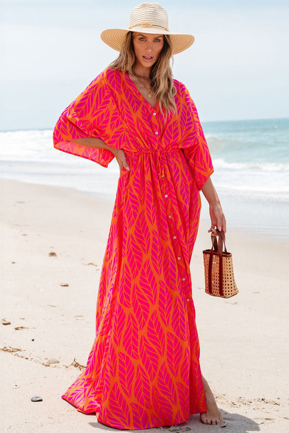 Leafy Print 3/4 Sleeve V Neck Buttoned Split Maxi Dress | Orange