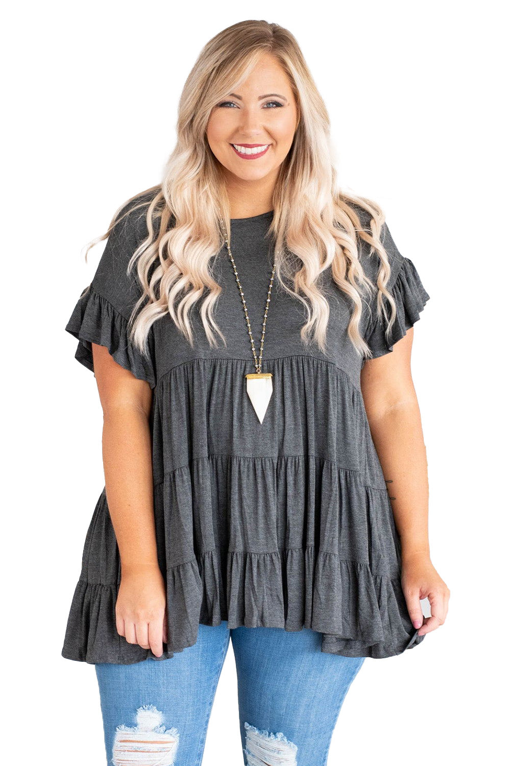 Tiered Ruffled Short Sleeve Plus Size Blouse | Gray