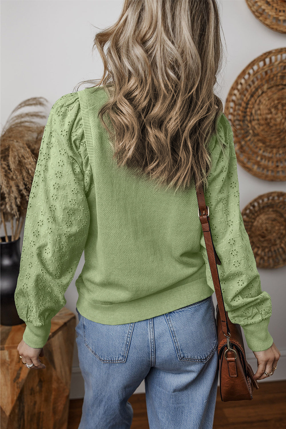 Solid Patchwork Sleeve Round Neck Sweatshirt | Mist Green