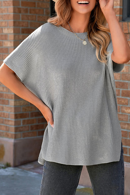 Short Sleeve Side Slit Oversized Sweater | Gray