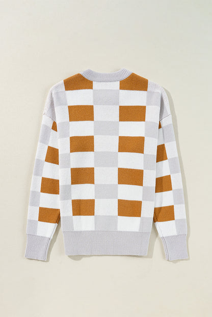 Checkered Ribbed Edge O Neck Drop Shoulder Sweater | Khaki