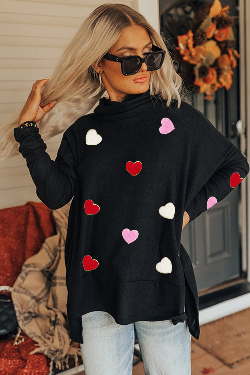 Valentines Chenille Heart Patched Dolman Sleeve High Neck Split Top | Black