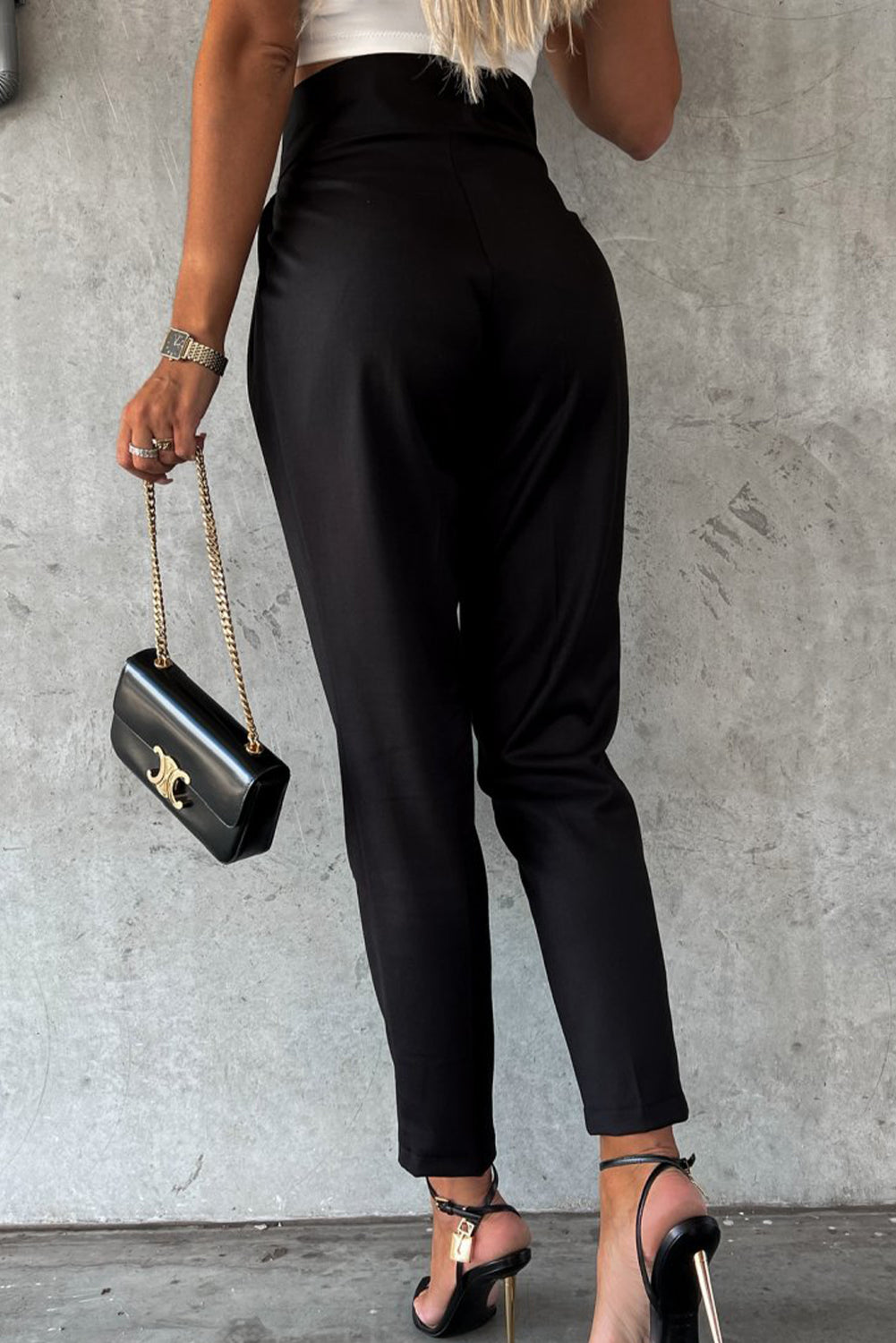 Button High Waist Tapered Pants | Black