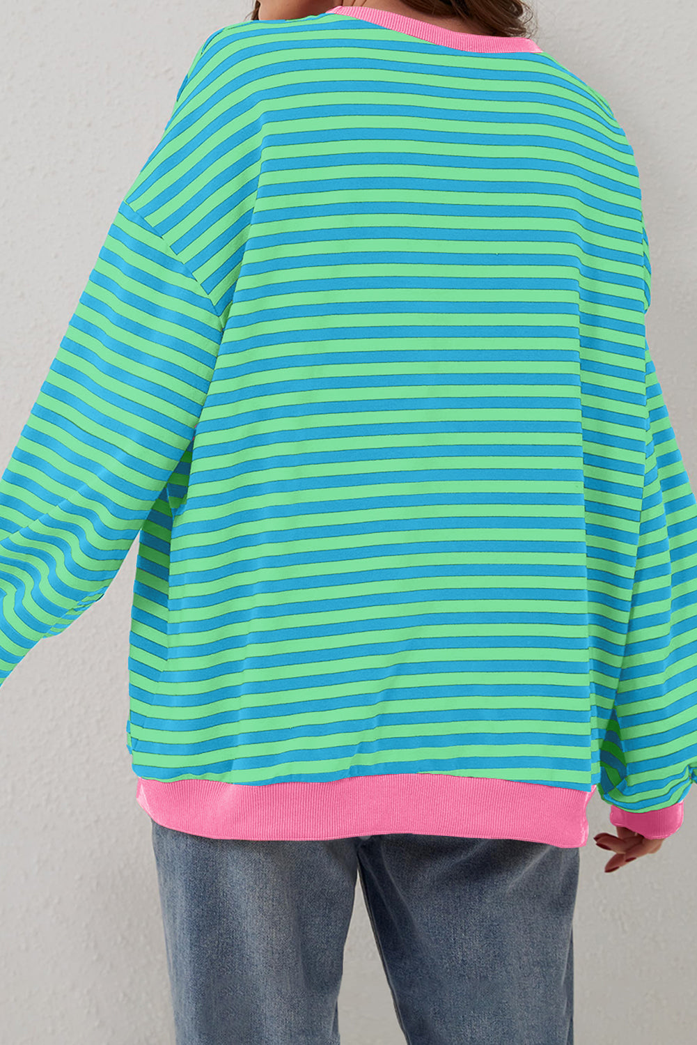 Oversized Contrast Trim Pullover Sweatshirt | Sky Blue Stripe