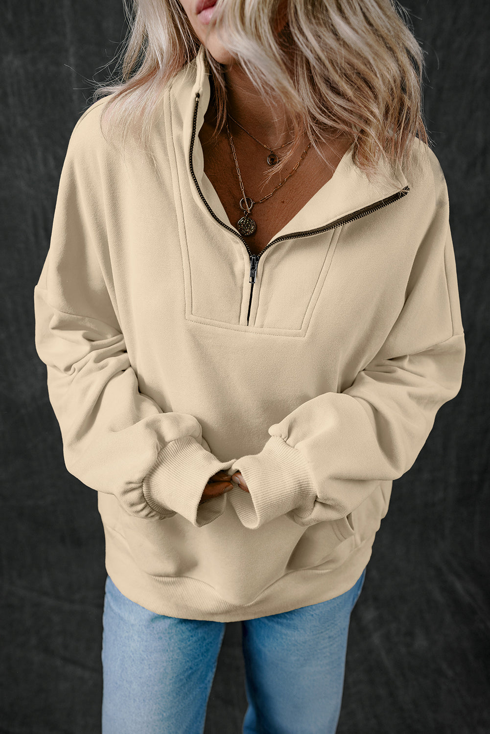 Zip-Up Stand Neck Kangaroo Pocket Sweatshirt | Smoke Gray