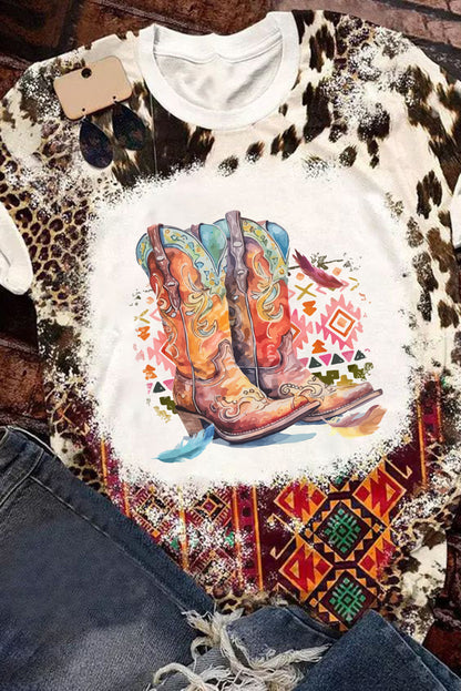 Cowboy Boots Graphic Bleached Leopard Aztec Print T Shirt | Dark Brown