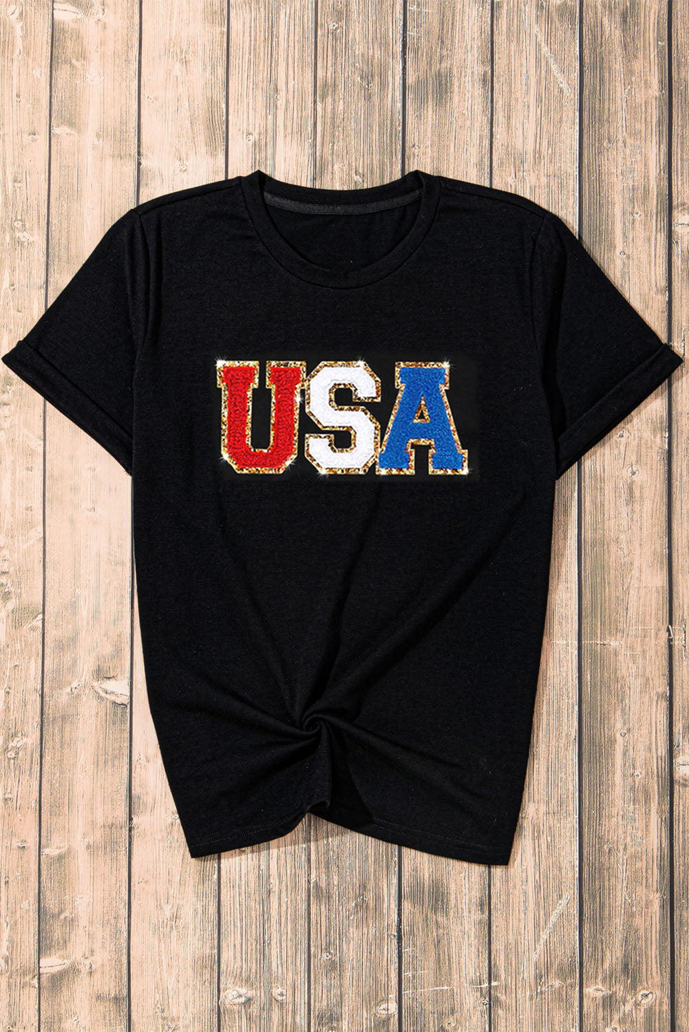 Glitter Trim Chenille Usa Graphic T Shirt | Black