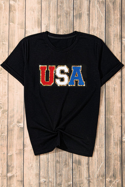 Glitter Trim Chenille Usa Graphic T Shirt | Black