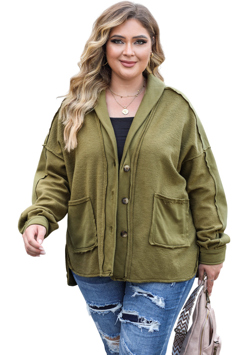 Plus Size Exposed Seam Terry Patchwork Hooded Jacket | Green