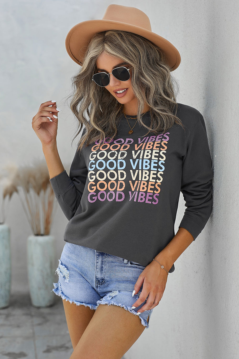 Good Vibes Graphic Pullover Sweatshirt | Gray