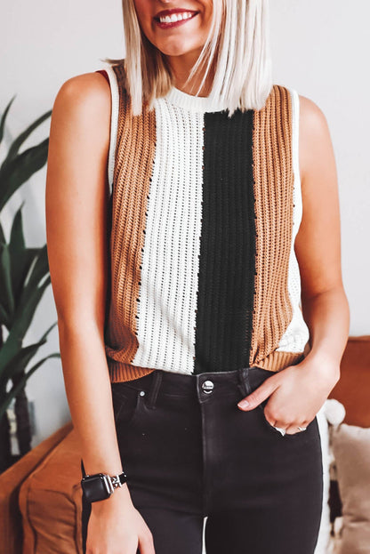 Colour Block Sleeveless Knitted Sweater Vest | Khaki Stripe