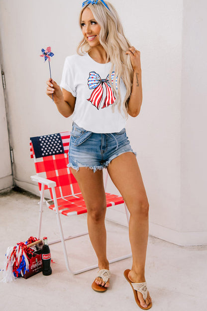 Stripes And Stars Bowknot Print T Shirt | White