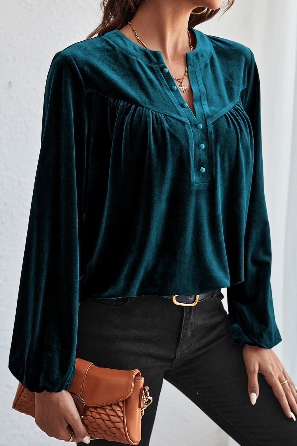 Lantern Sleeve Beaded Split V Neck Velvet Top | Skobeloff