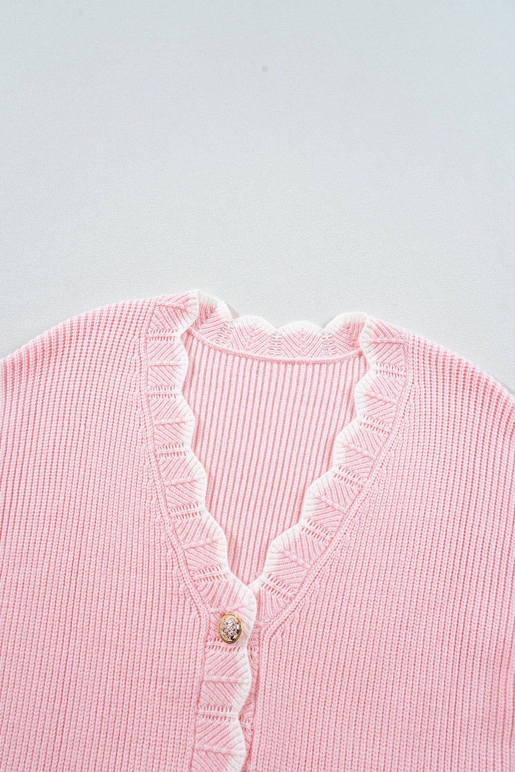 Ribbed Knit Scalloped Edge Side Pockets Buttoned Cardigan | Pink