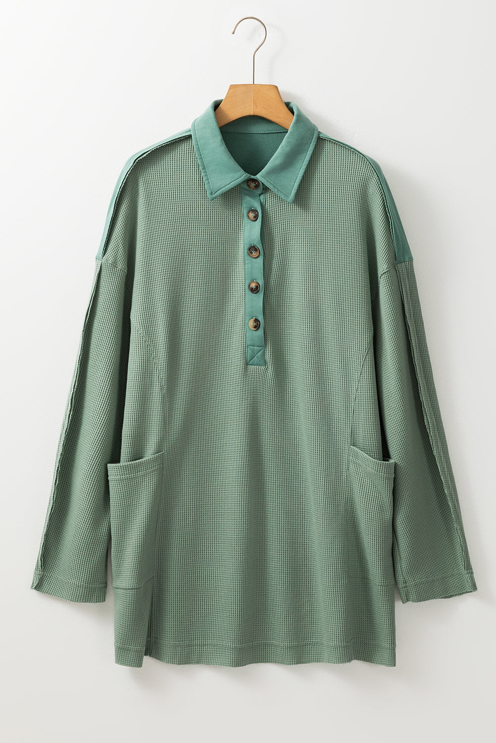 Waffle Long Sleeve Collar Half Button Loose Top | Smoke Green