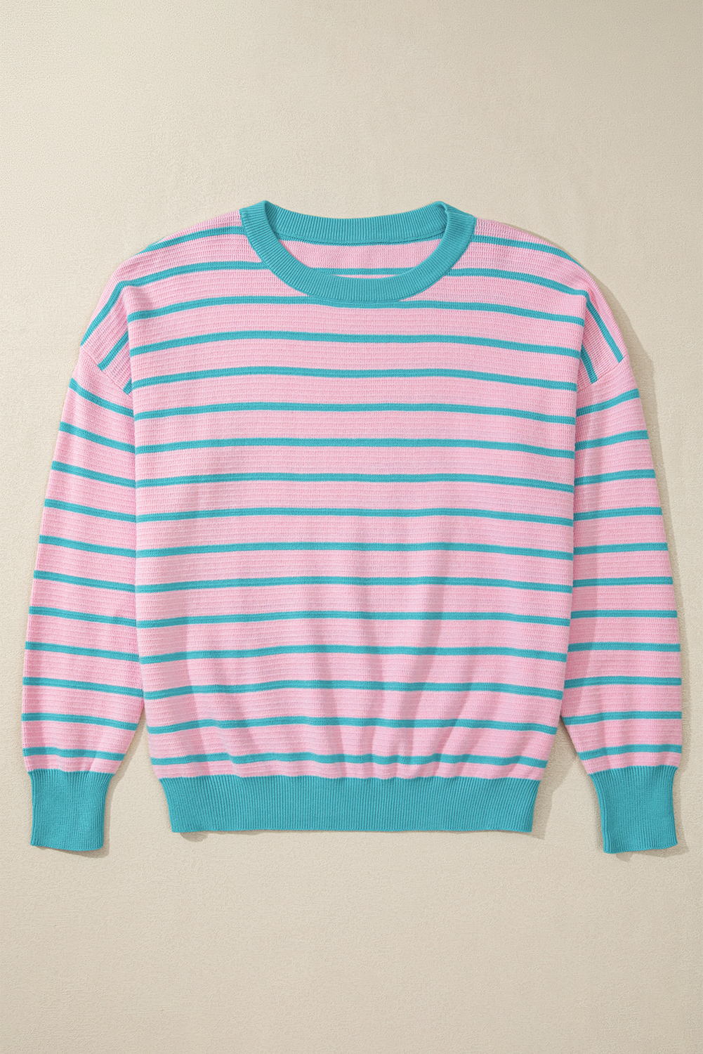 Trimmed Round Neck Drop Shoulder Loose Sweater | Pink Stripe