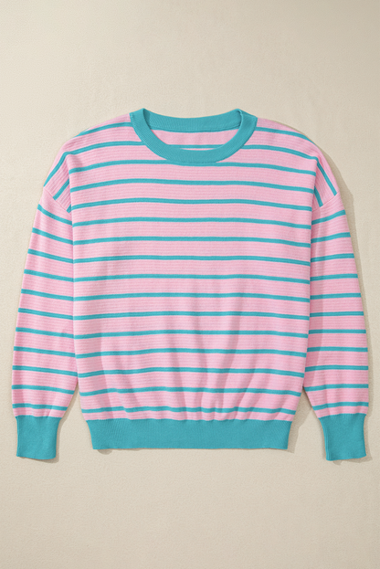 Trimmed Round Neck Drop Shoulder Loose Sweater | Pink Stripe