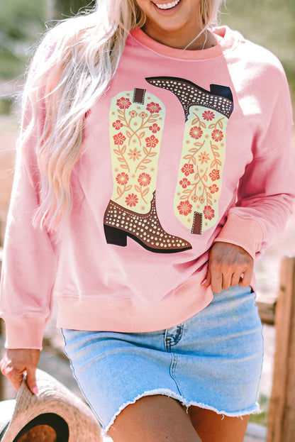 Floral Cowgirl Boots Graphic Drop Shoulder Sweatshirt | Pink