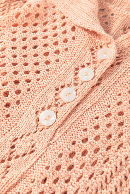 Hollowed Knit 3/4 Dolman Sleeve Buttoned Collared Sweater | Apricot Pink