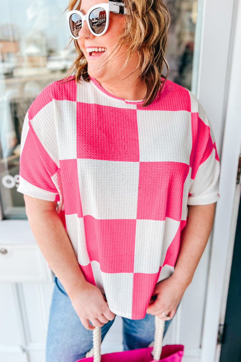 Textured Checkerboard Round Neck Plus Size T Shirt | White