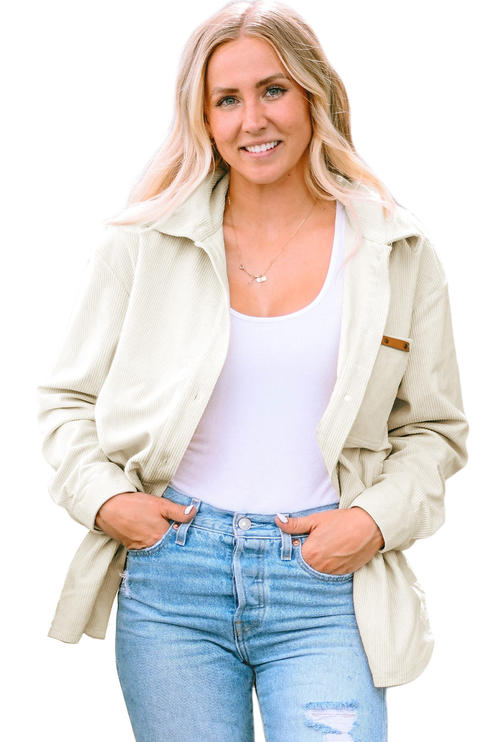 Corduroy Buttoned Front Pocketed Shacket | Beige