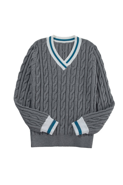 Colour Contrast Ribbed Edge Cable Knit V Neck Sweater | Medium Grey