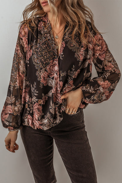 Floral Print Criss Cross V Neck Balloon Sleeve Blouse | Black