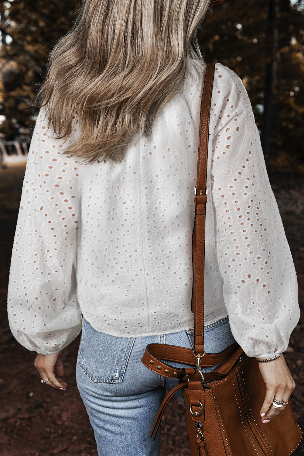 Eyelet Embroidered V Neck Puff Sleeve Blouse | White