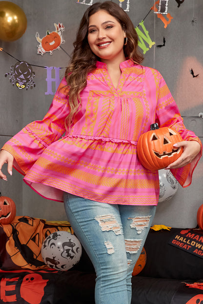 Plus Size Geometric Printed Bell Sleeve Babydoll Blouse | Vitality Orange