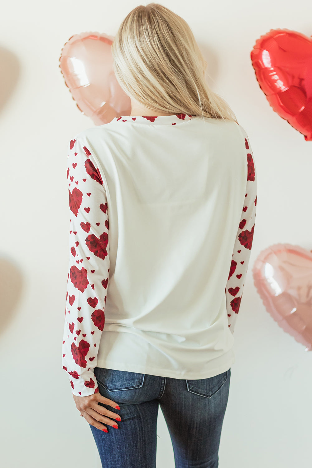 Heart Shape Print Round Neck Long Sleeve T Shirt | White