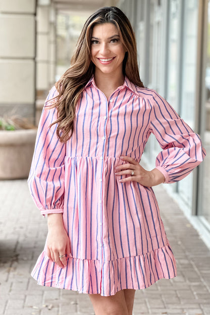 Ruffled Hem Button-Up Collared Shirt Mini Dress | Pink Stripe