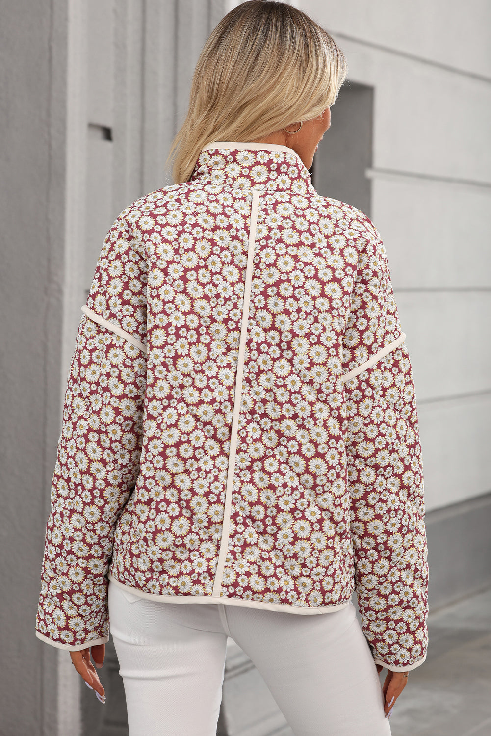 Floral Print Contrast Edge Pocketed Stand Neck Jacket | Pink