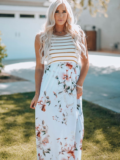 Striped Floral Print Sleeveless Maxi Dress With Pocket | White